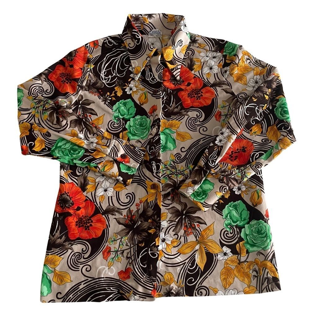 VINTAGE 70s Pykettes Floral Print Button Down Dagger Collar Shirt